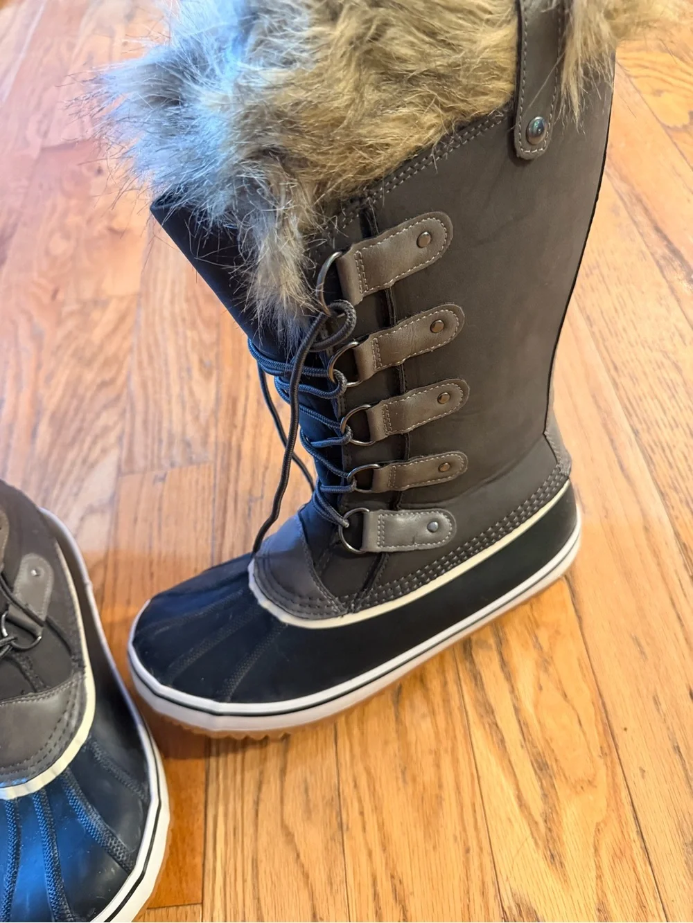 JBU Edith Black Faux-Fur Lace-Up Winter Rain Boots